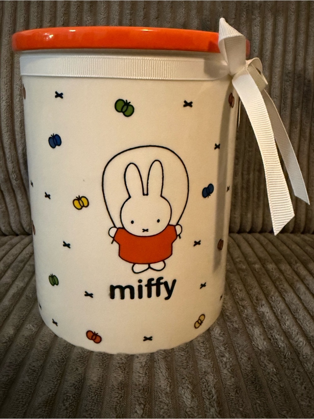 miffy White Ceramic Canister with Orange Accents and Colorful Butterflies